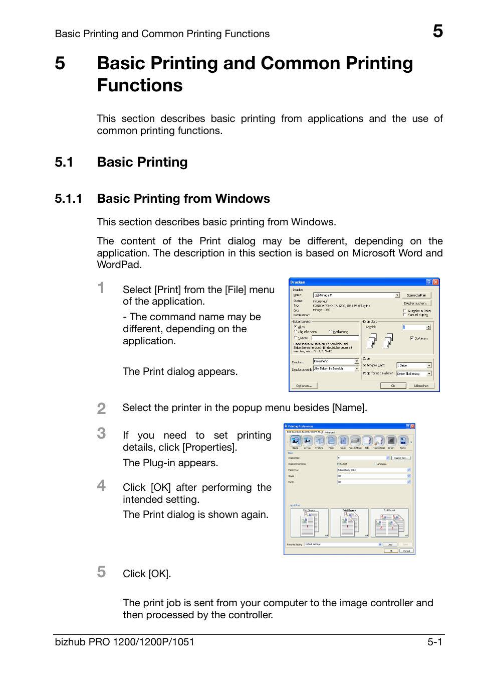 5 basic printing and common printing functions, 1 basic printing, 1 basic printing from windows | Basic printing and common printing functions, Basic printing -1, Basic printing from windows -1, 5basic printing and common printing functions | Konica Minolta bizhub PRO 1200 User Manual | Page 41 / 147