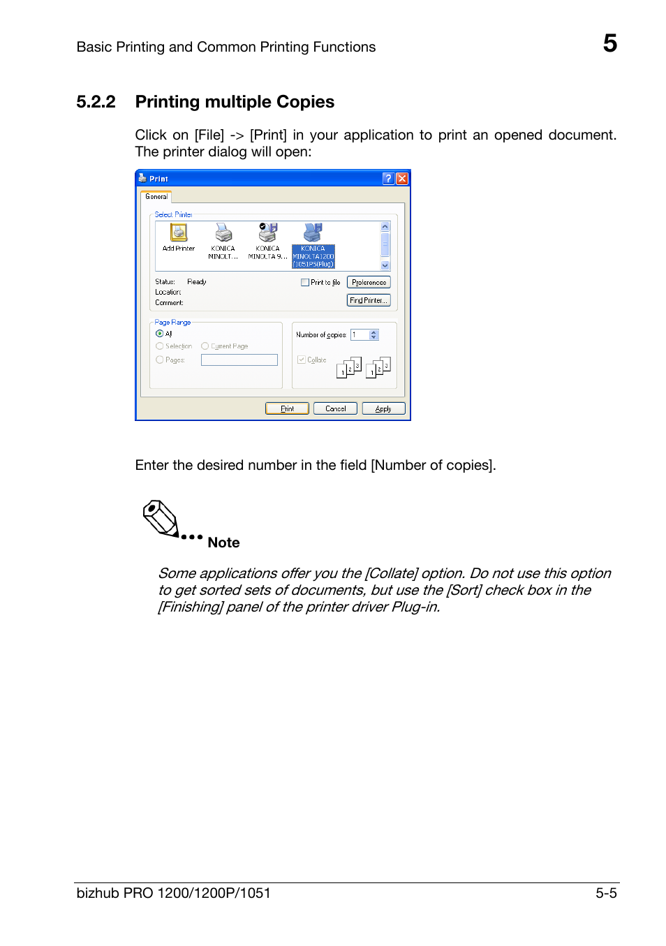 2 printing multiple copies, Printing multiple copies -5 | Konica Minolta bizhub PRO 1200 User Manual | Page 45 / 147
