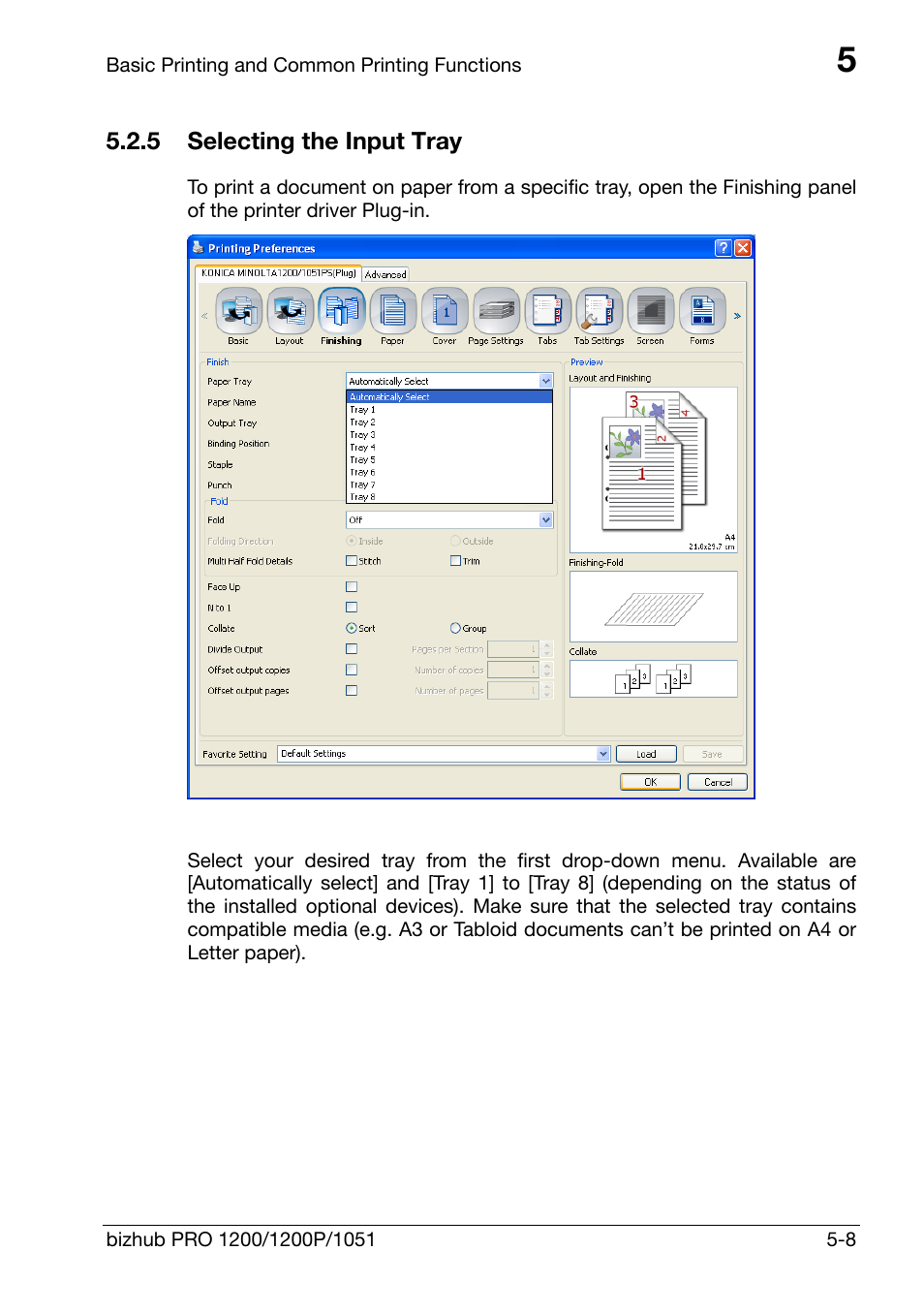 5 selecting the input tray, Selecting the input tray -8 | Konica Minolta bizhub PRO 1200 User Manual | Page 48 / 147