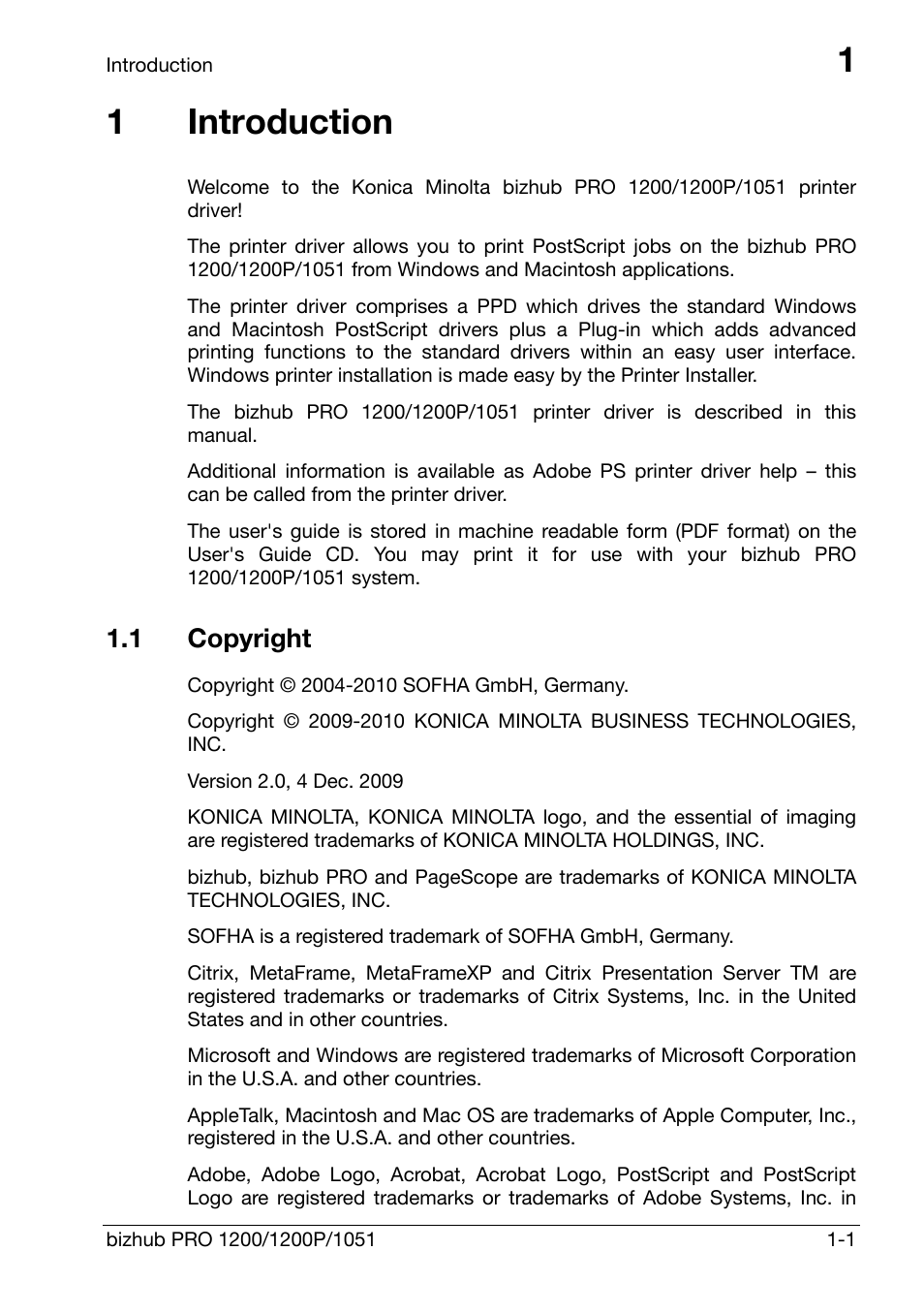 1 introduction, 1 copyright, Introduction | Copyright -1, 1introduction | Konica Minolta bizhub PRO 1200 User Manual | Page 5 / 147