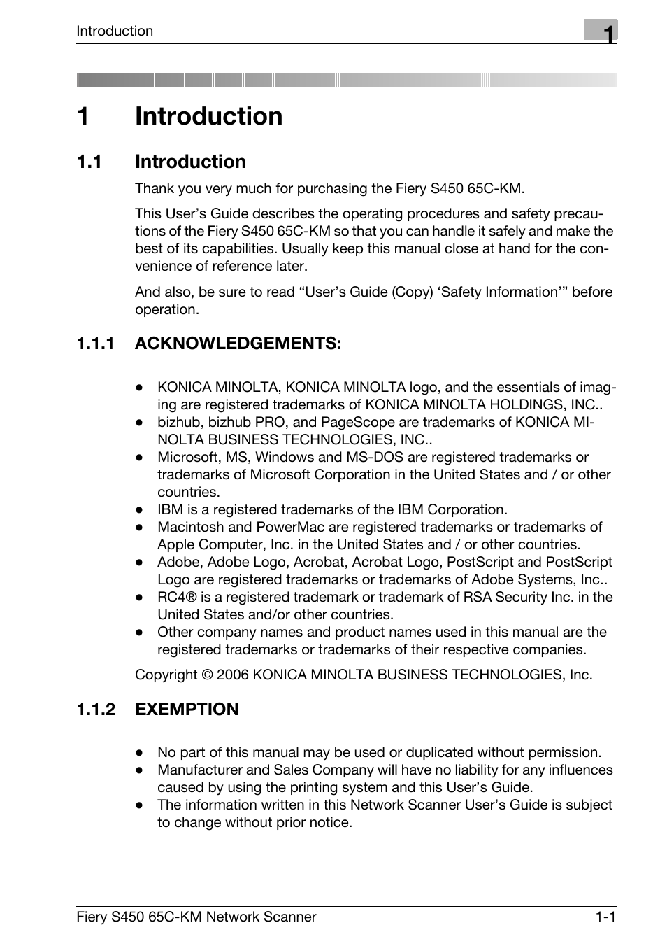 1 introduction, 1 acknowledgements, 2 exemption | Introduction, Introduction -1, Acknowledgements: -1, Exemption -1, 1introduction | Konica Minolta bizhub PRO C6500P User Manual | Page 4 / 101