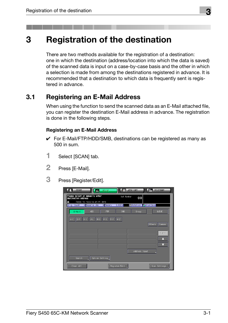 3 registration of the destination, 1 registering an e-mail address, Registration of the destination | Registering an e-mail address -1, Chapter 3 registration of the destination, 3registration of the destination | Konica Minolta bizhub PRO C6500P User Manual | Page 45 / 101