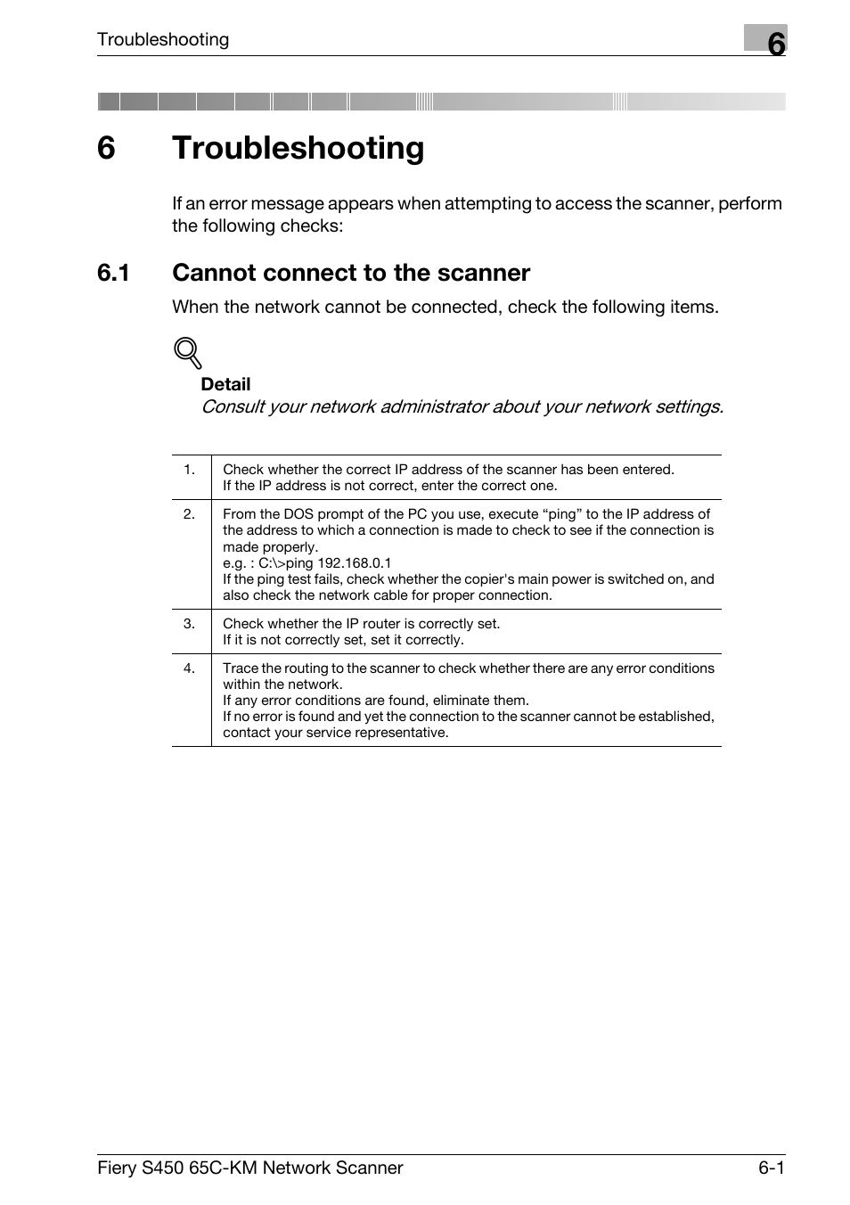 6 troubleshooting, 1 cannot connect to the scanner, Troubleshooting | Cannot connect to the scanner -1, Chapter 6 troubleshooting, 6troubleshooting | Konica Minolta bizhub PRO C6500P User Manual | Page 95 / 101