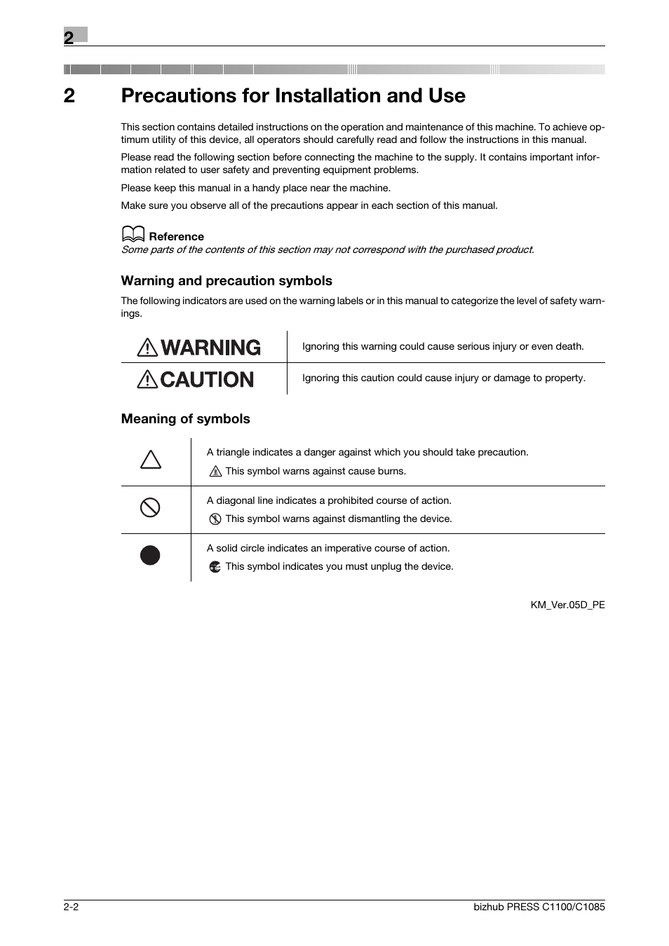 2 precautions for installation and use, Precautions for installation and use, 2precautions for installation and use | Konica Minolta bizhub PRESS C1085 User Manual | Page 10 / 52