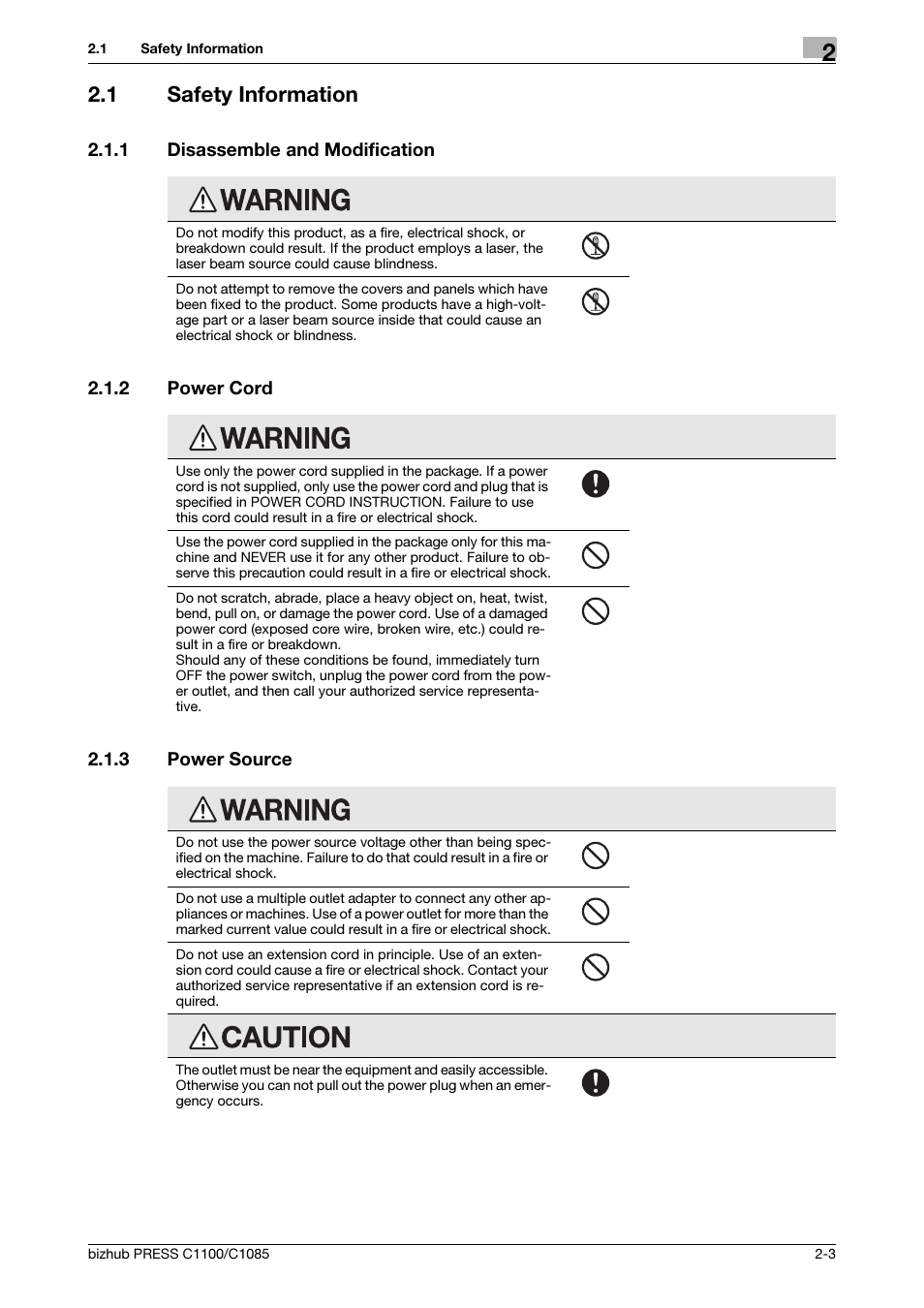1 safety information, 1 disassemble and modification, 2 power cord | 3 power source, Safety information -3, Disassemble and modification -3, Power cord -3, Power source -3 | Konica Minolta bizhub PRESS C1085 User Manual | Page 11 / 52