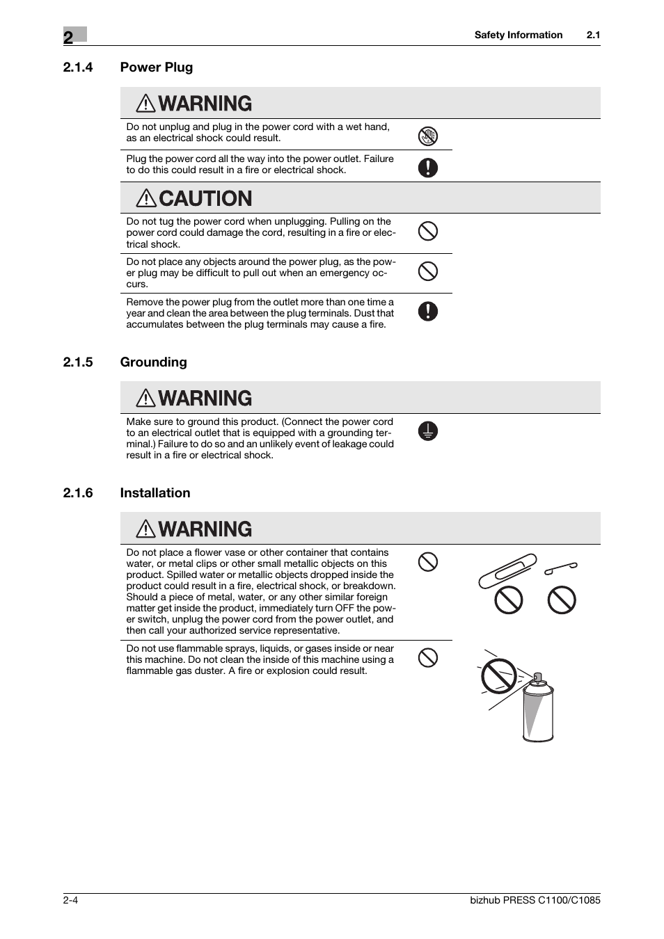 4 power plug, 5 grounding, 6 installation | Power plug -4, Grounding -4, Installation -4 | Konica Minolta bizhub PRESS C1085 User Manual | Page 12 / 52