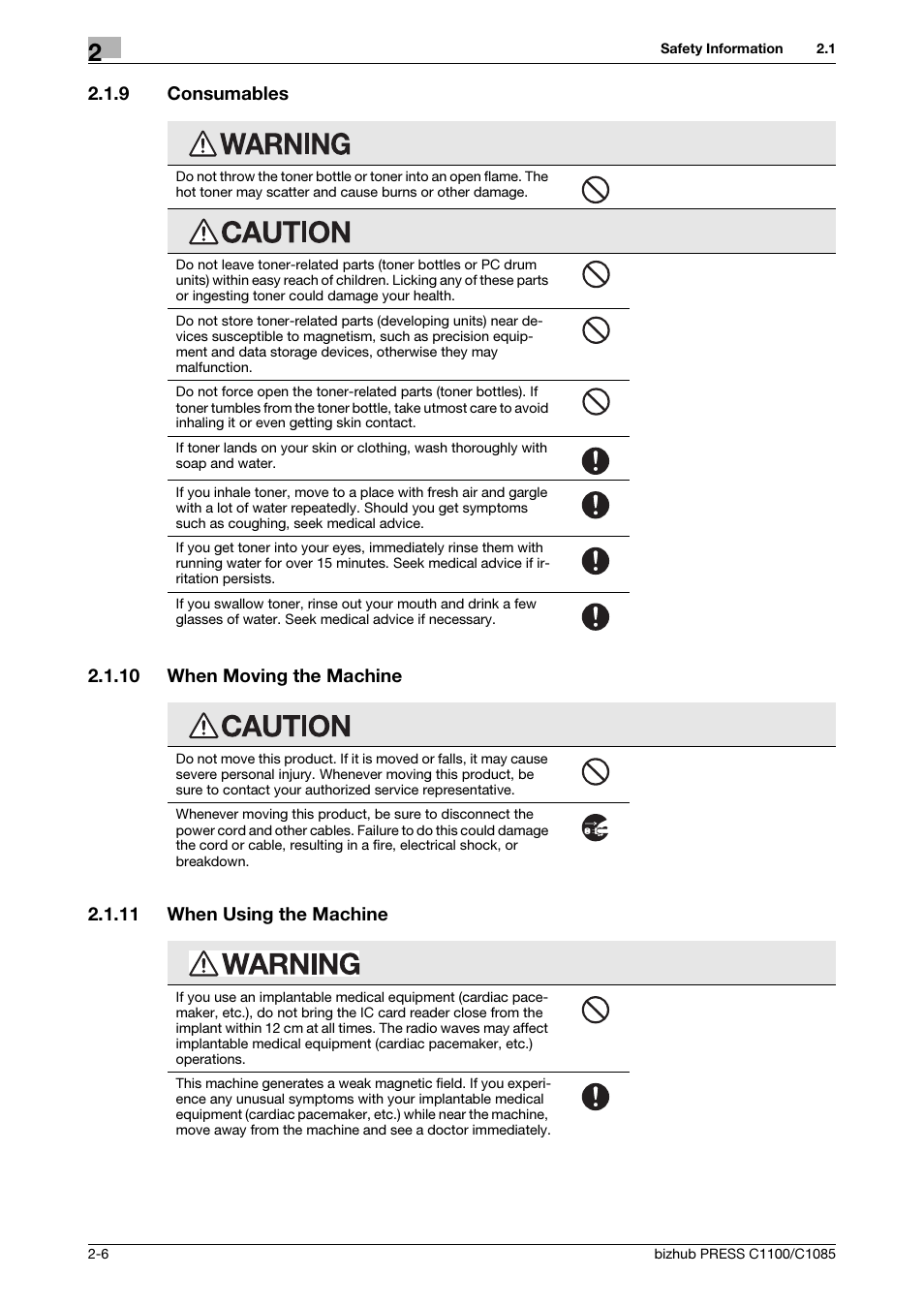 9 consumables, 10 when moving the machine, 11 when using the machine | Consumables -6, When moving the machine -6, When using the machine -6 | Konica Minolta bizhub PRESS C1085 User Manual | Page 14 / 52