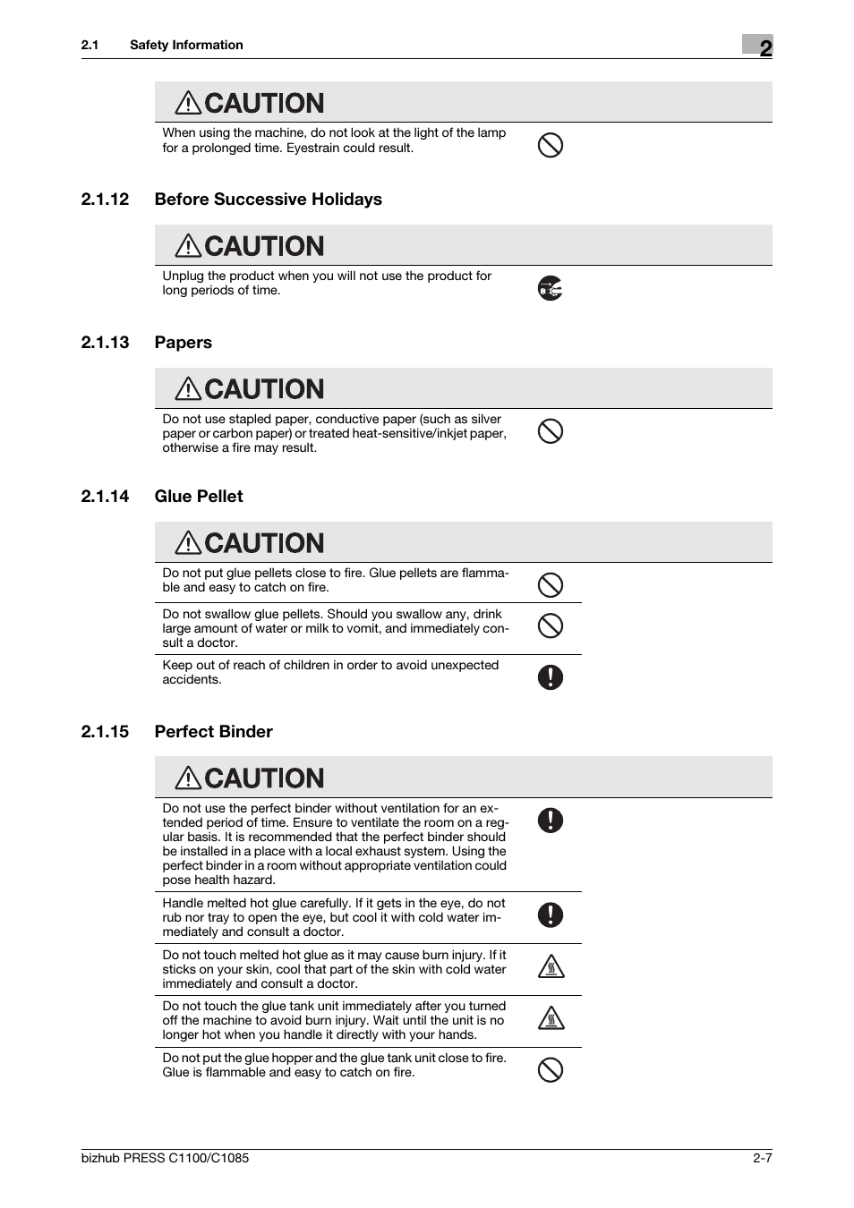 12 before successive holidays, 13 papers, 14 glue pellet | 15 perfect binder, Before successive holidays -7, Papers -7, Glue pellet -7, Perfect binder -7 | Konica Minolta bizhub PRESS C1085 User Manual | Page 15 / 52