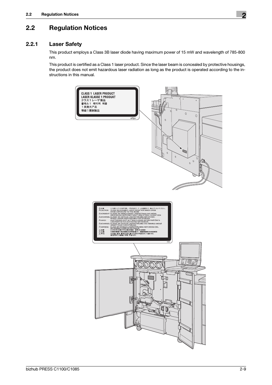 2 regulation notices, 1 laser safety, Regulation notices -9 | Laser safety -9 | Konica Minolta bizhub PRESS C1085 User Manual | Page 17 / 52