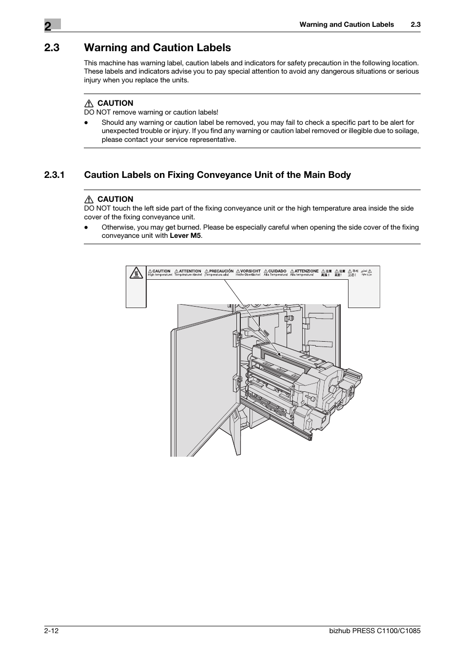 3 warning and caution labels, Warning and caution labels -12 | Konica Minolta bizhub PRESS C1085 User Manual | Page 20 / 52