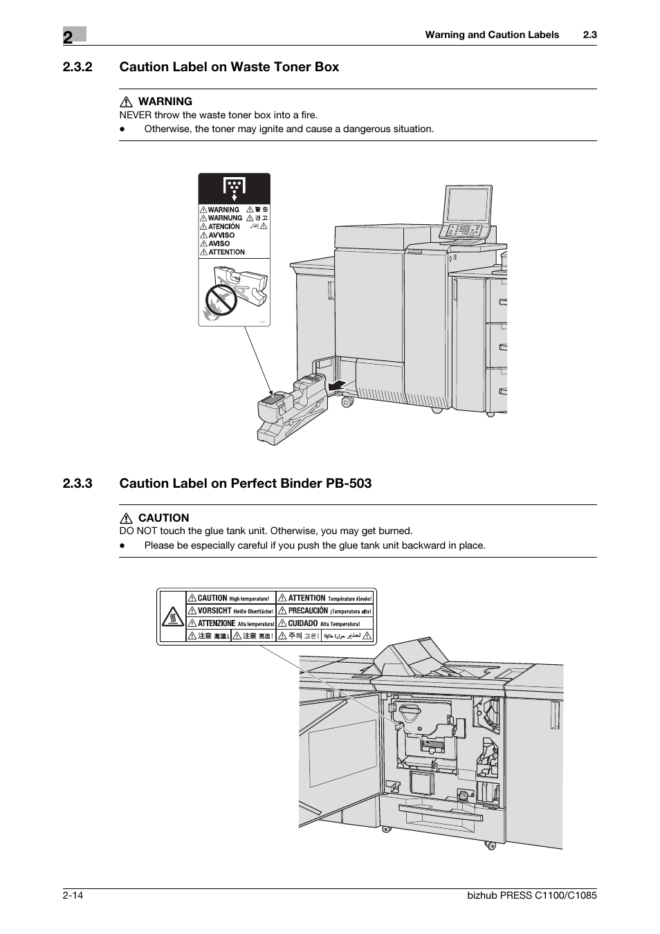 2 caution label on waste toner box, 3 caution label on perfect binder pb-503, Caution label on waste toner box -14 | Caution label on perfect binder pb-503 -14 | Konica Minolta bizhub PRESS C1085 User Manual | Page 22 / 52