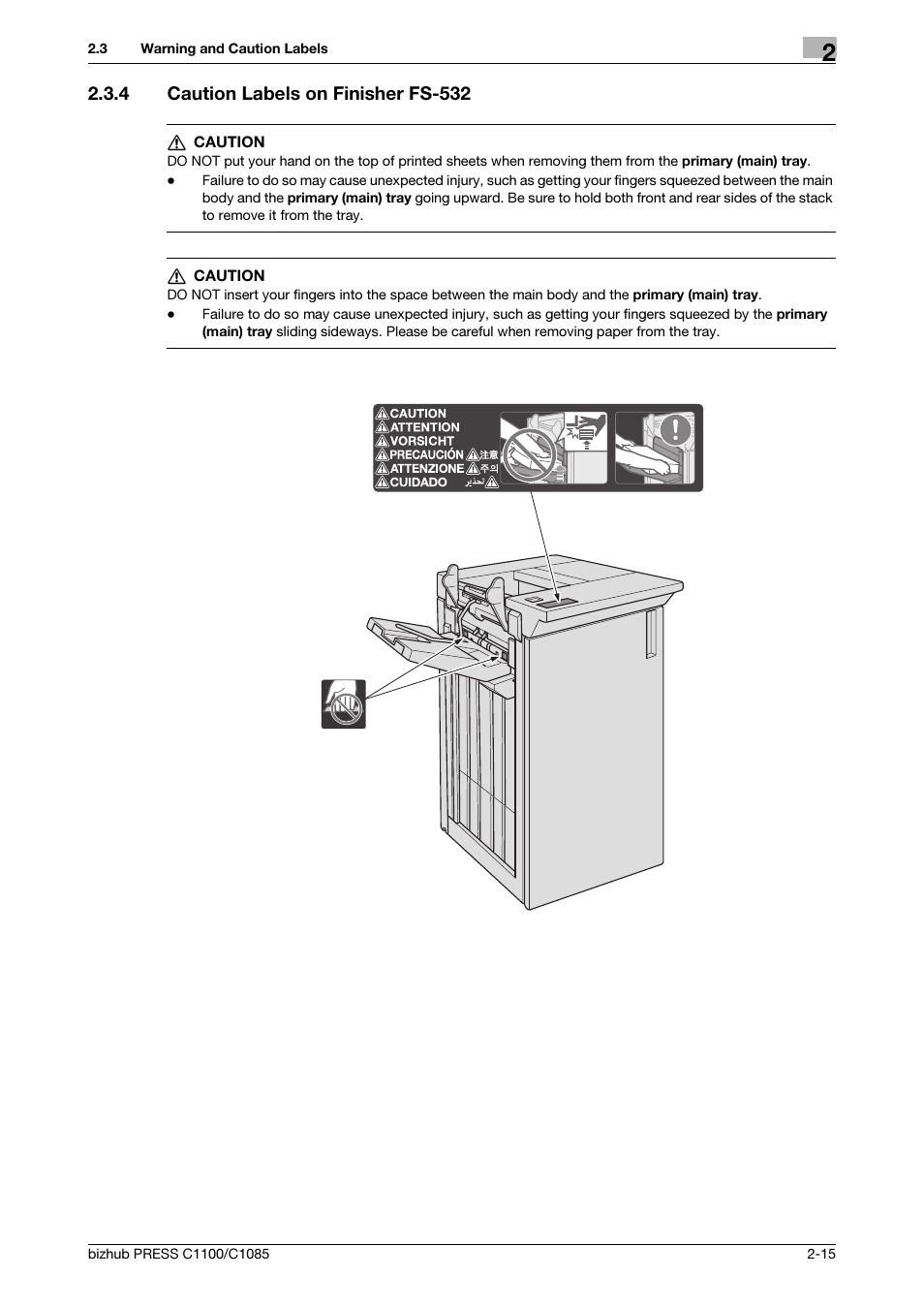 4 caution labels on finisher fs-532, Caution labels on finisher fs-532 -15 | Konica Minolta bizhub PRESS C1085 User Manual | Page 23 / 52