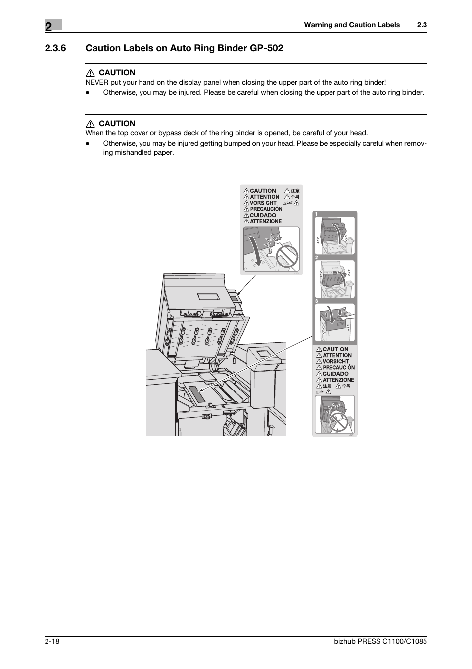 6 caution labels on auto ring binder gp-502, Caution labels on auto ring binder gp-502 -18 | Konica Minolta bizhub PRESS C1085 User Manual | Page 26 / 52