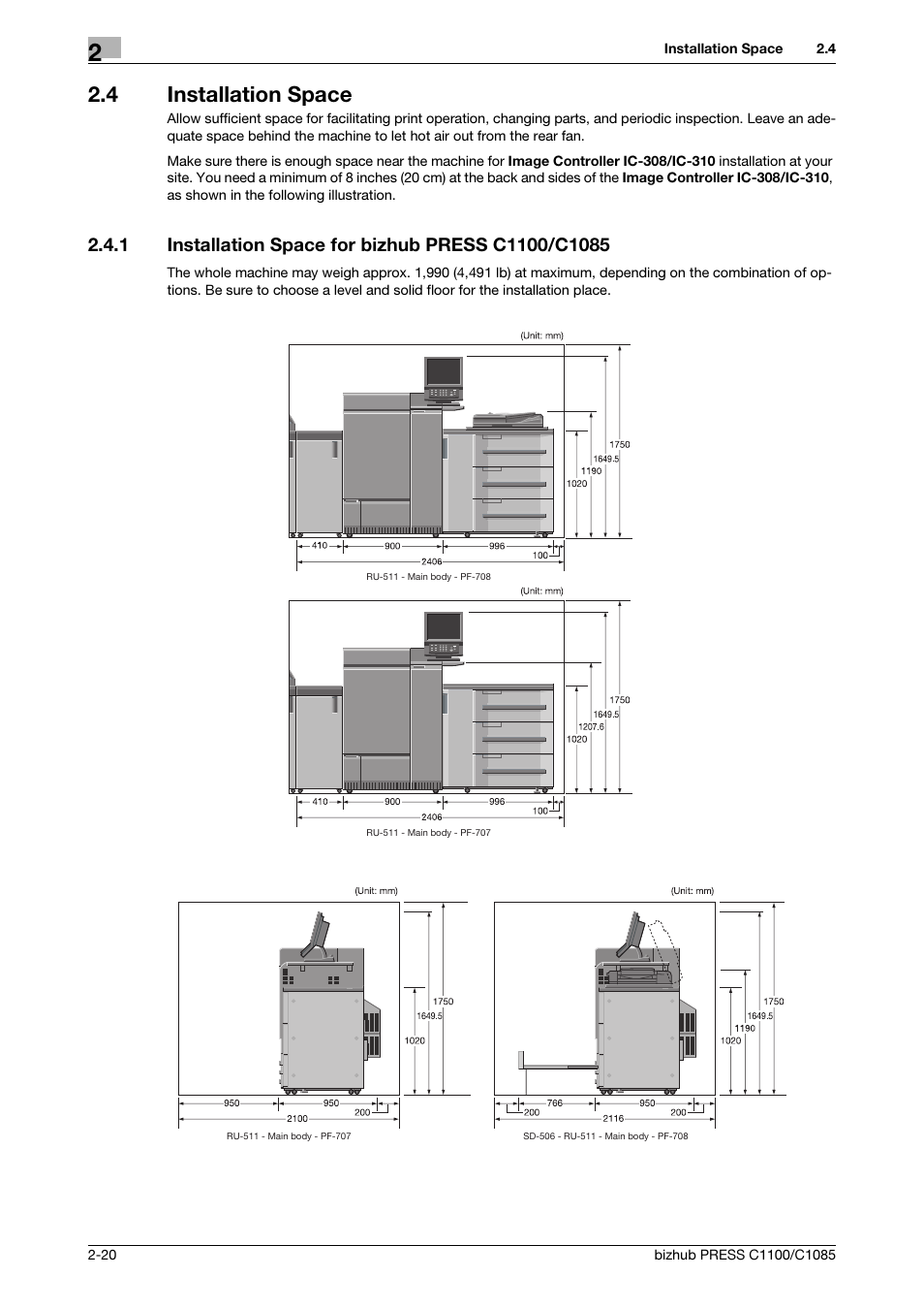 4 installation space, 1 installation space for bizhub press c1100/c1085, Installation space -20 | Konica Minolta bizhub PRESS C1085 User Manual | Page 28 / 52