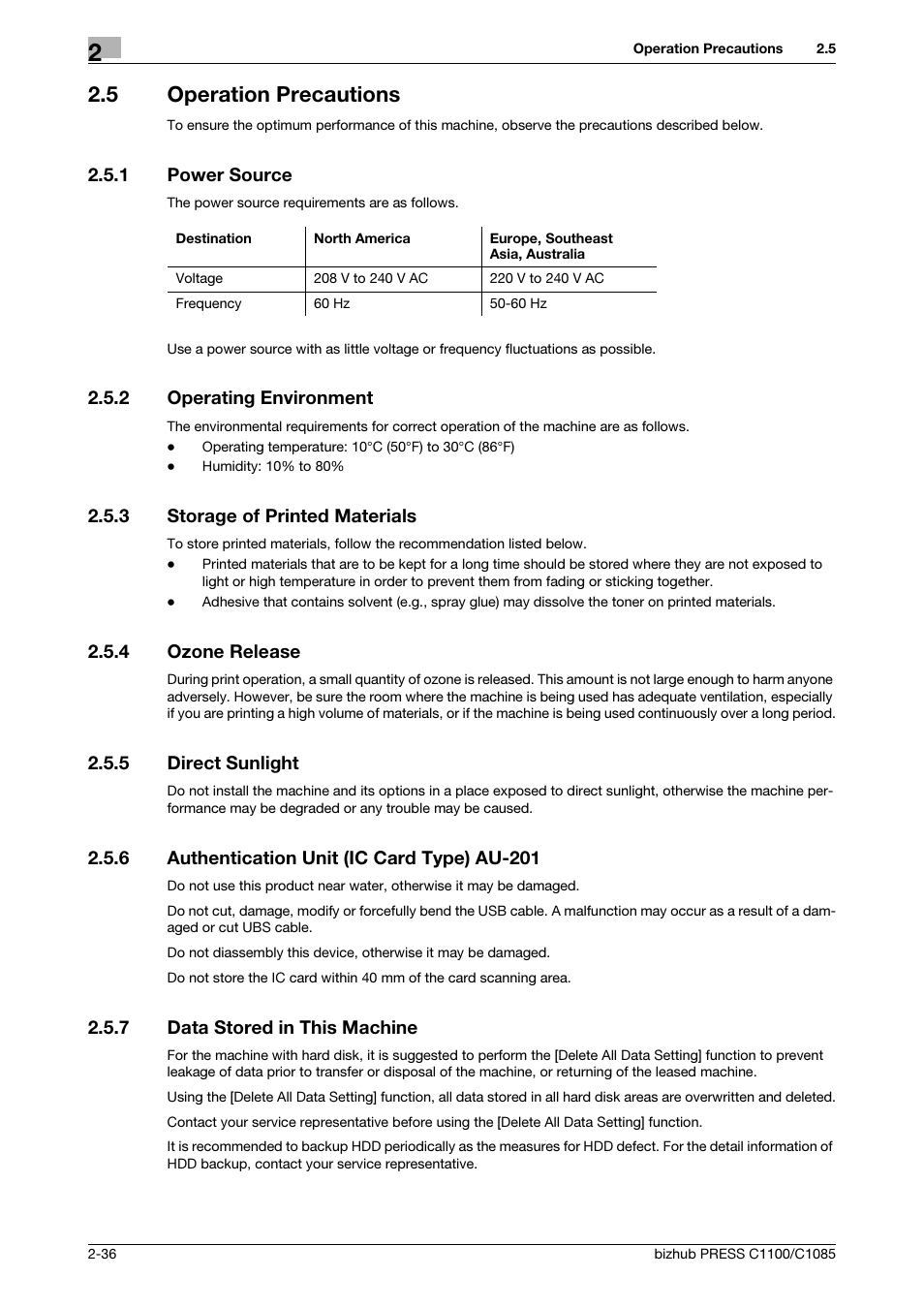 5 operation precautions, 1 power source, 2 operating environment | 3 storage of printed materials, 4 ozone release, 5 direct sunlight, 6 authentication unit (ic card type) au-201, 7 data stored in this machine, Operation precautions -36, Power source -36 | Konica Minolta bizhub PRESS C1085 User Manual | Page 44 / 52