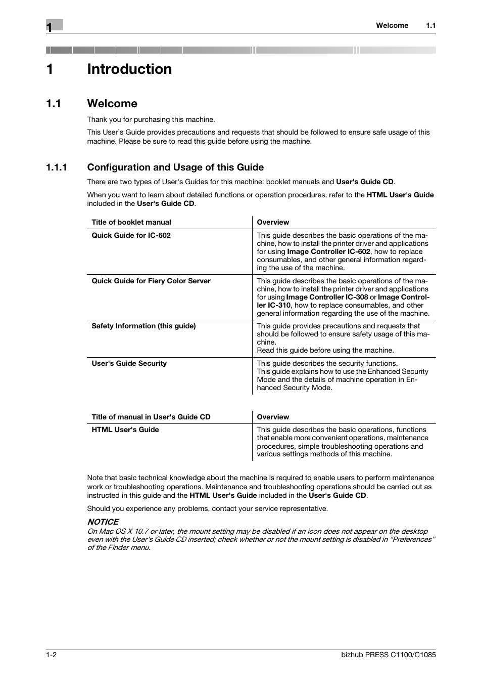 1 introduction, 1 welcome, 1 configuration and usage of this guide | Introduction, Welcome -2, Configuration and usage of this guide -2, 1introduction | Konica Minolta bizhub PRESS C1085 User Manual | Page 6 / 52