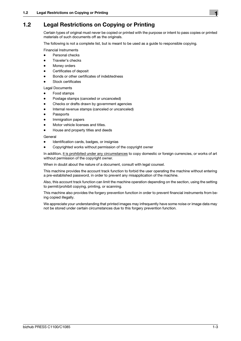 2 legal restrictions on copying or printing, Legal restrictions on copying or printing -3 | Konica Minolta bizhub PRESS C1085 User Manual | Page 7 / 52