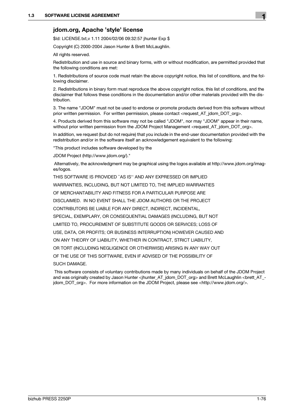 Jdom.org, apache ’style’ license | Konica Minolta bizhub PRESS 2250P User Manual | Page 78 / 92