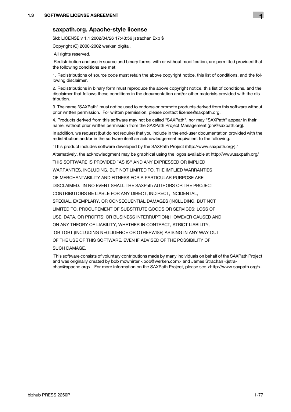 Saxpath.org, apache-style license | Konica Minolta bizhub PRESS 2250P User Manual | Page 79 / 92