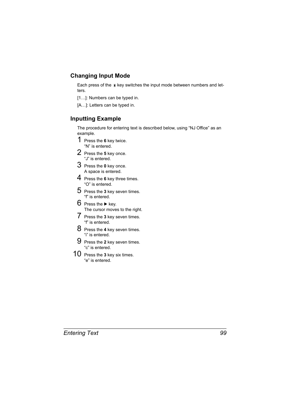 Changing input mode, Inputting example, Changing input mode 99 inputting example 99 | Konica Minolta bizhub C20X User Manual | Page 105 / 110