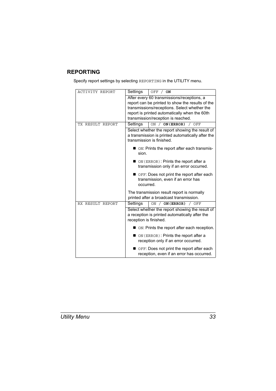 Reporting, Reporting 33, Utility menu 33 reporting | Konica Minolta bizhub C20X User Manual | Page 39 / 110