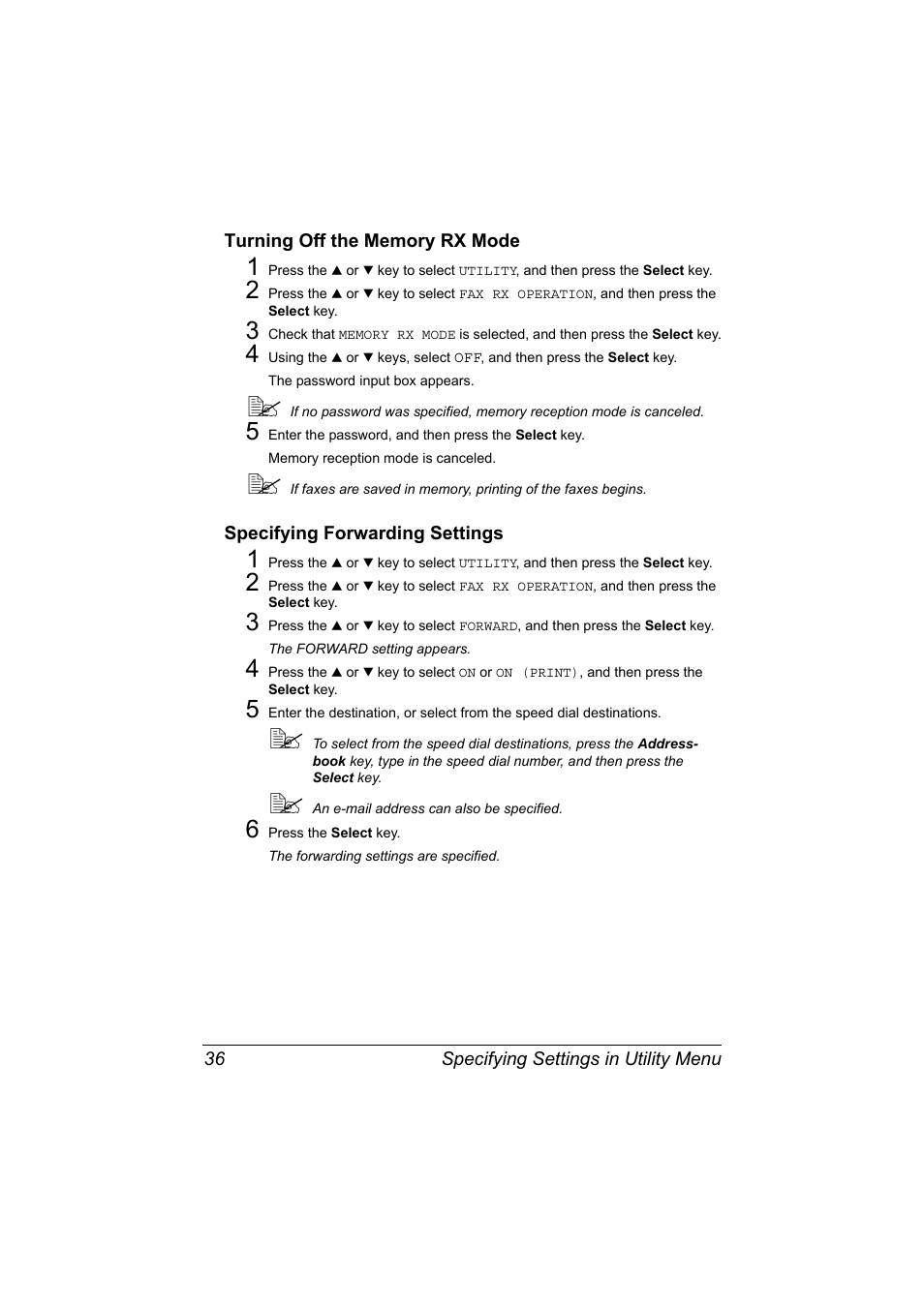 Turning off the memory rx mode, Specifying forwarding settings | Konica Minolta bizhub C20X User Manual | Page 42 / 110