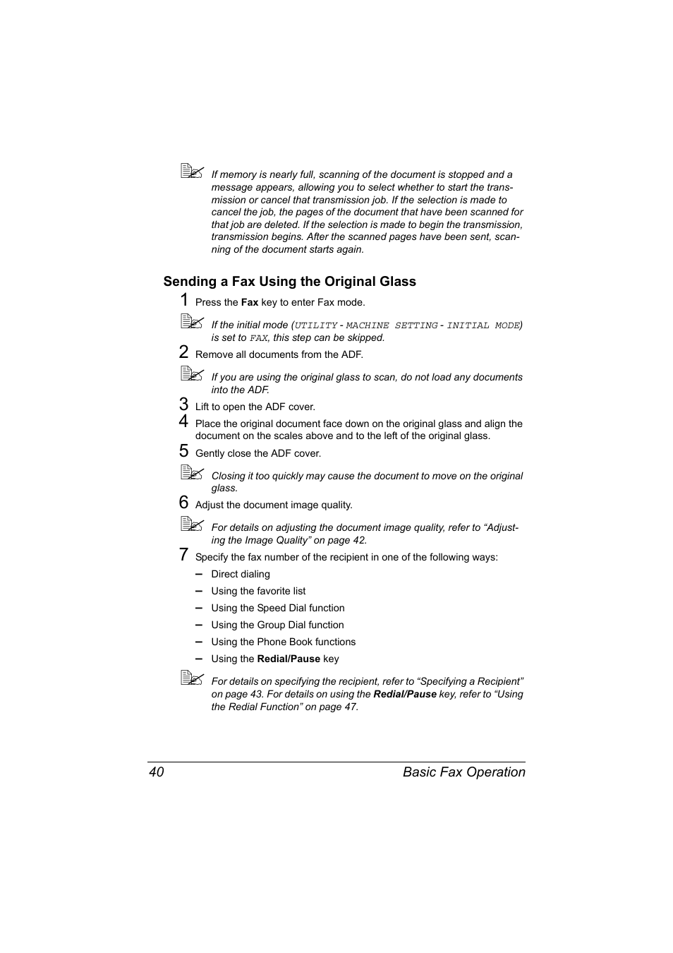 Sending a fax using the original glass, Sending a fax using the original glass 40 | Konica Minolta bizhub C20X User Manual | Page 46 / 110