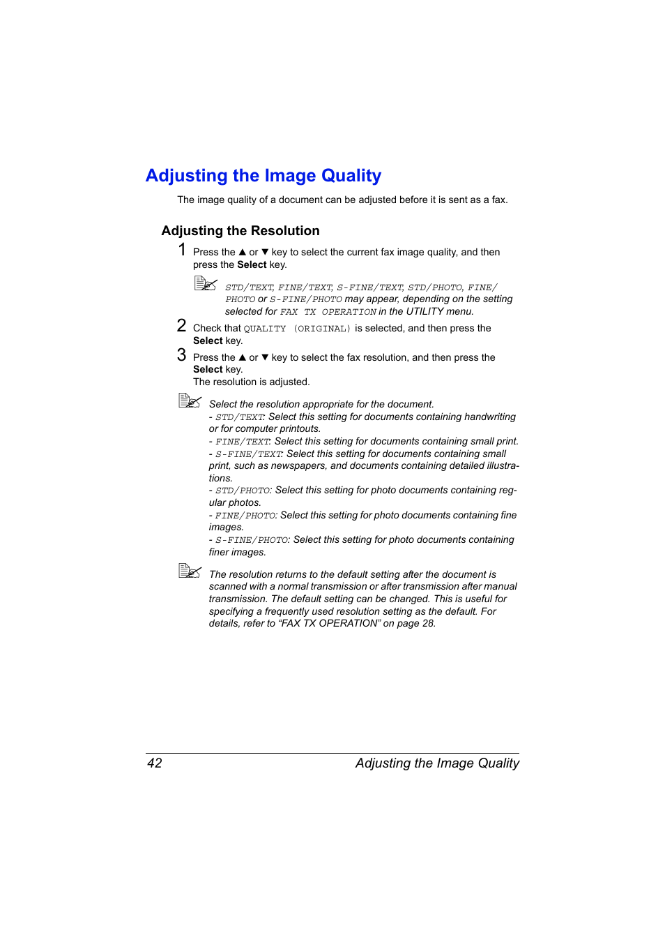 Adjusting the image quality, Adjusting the resolution, Adjusting the image quality 42 | Adjusting the resolution 42 | Konica Minolta bizhub C20X User Manual | Page 48 / 110