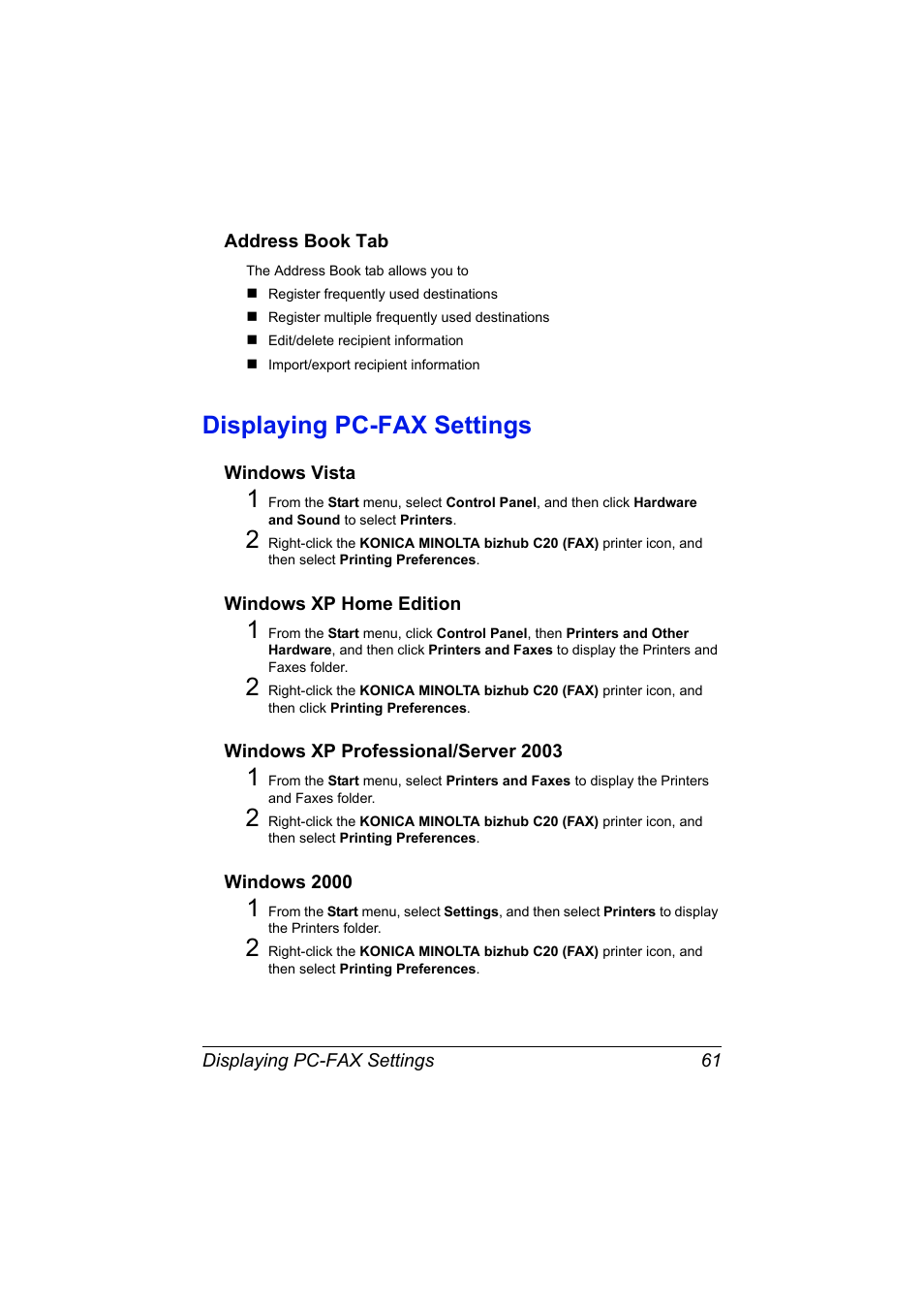 Address book tab, Displaying pc-fax settings, Windows vista | Windows xp home edition, Windows xp professional/server 2003, Windows 2000, Address book tab 61, Displaying pc-fax settings 61, Windows vista 61 | Konica Minolta bizhub C20X User Manual | Page 67 / 110