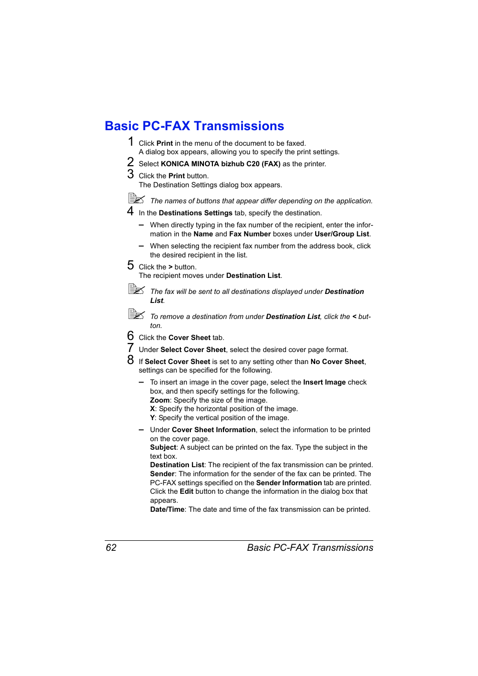 Basic pc-fax transmissions, Basic pc-fax transmissions 62, Basic pc-fax transmissions 1 | Konica Minolta bizhub C20X User Manual | Page 68 / 110