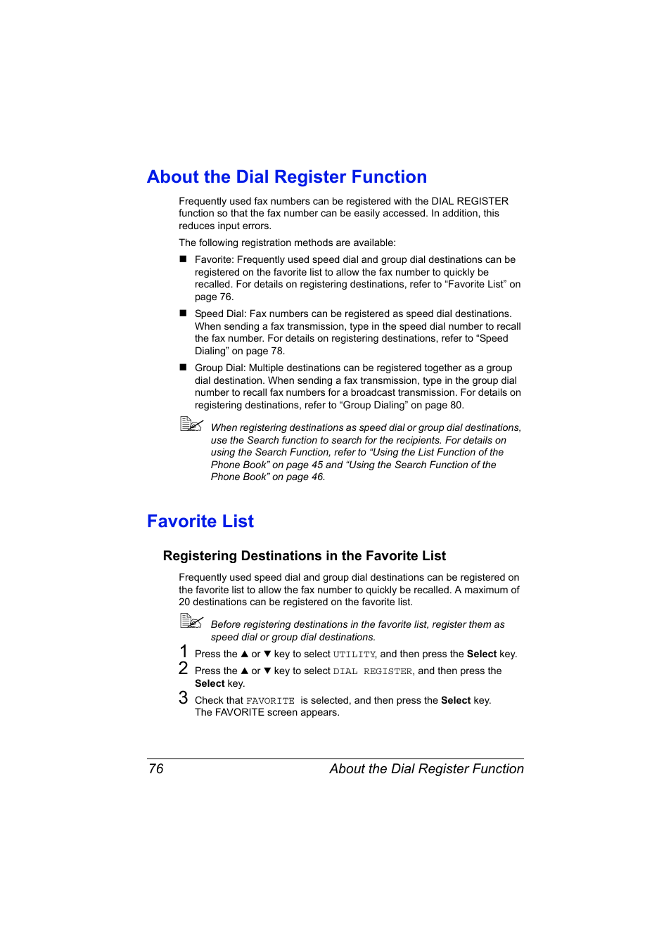 About the dial register function, Favorite list, Registering destinations in the favorite list | Registering destinations in the favorite list 76 | Konica Minolta bizhub C20X User Manual | Page 82 / 110