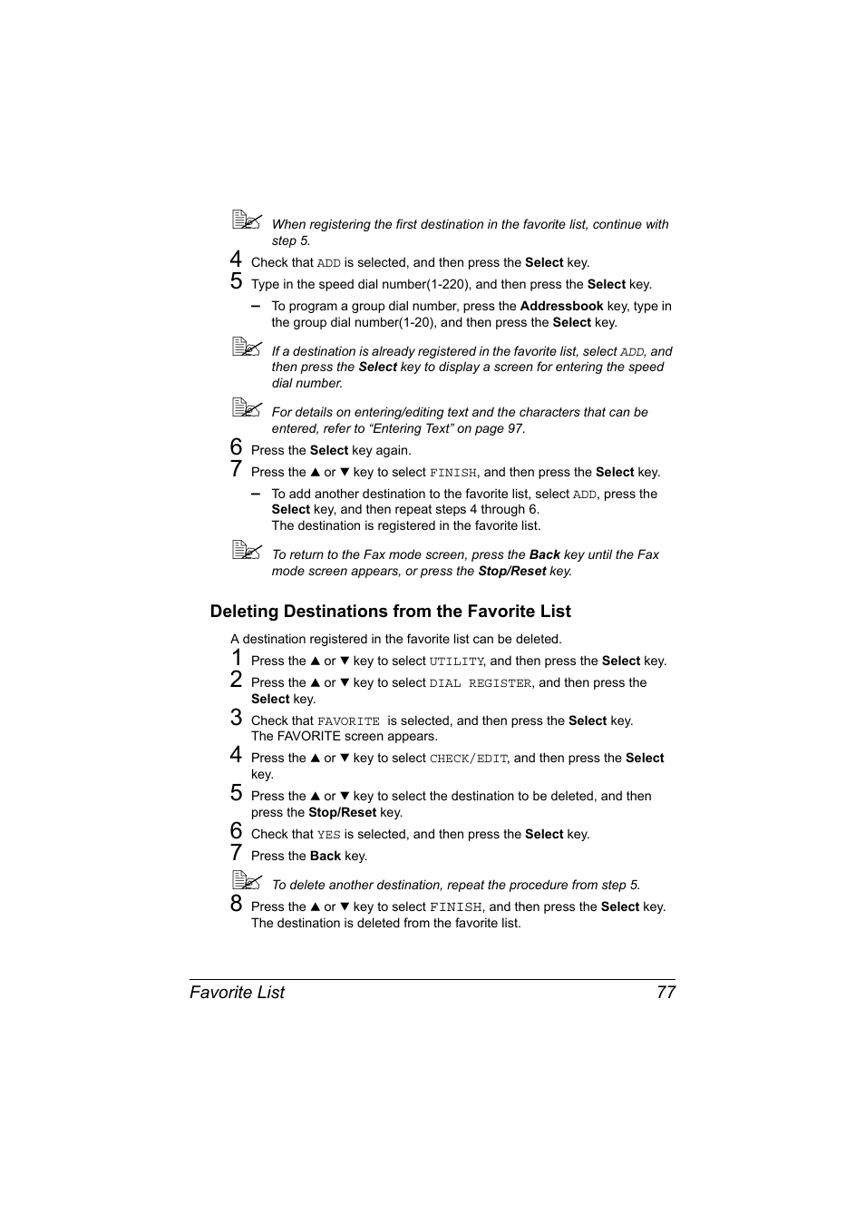 Deleting destinations from the favorite list, Deleting destinations from the favorite list 77 | Konica Minolta bizhub C20X User Manual | Page 83 / 110