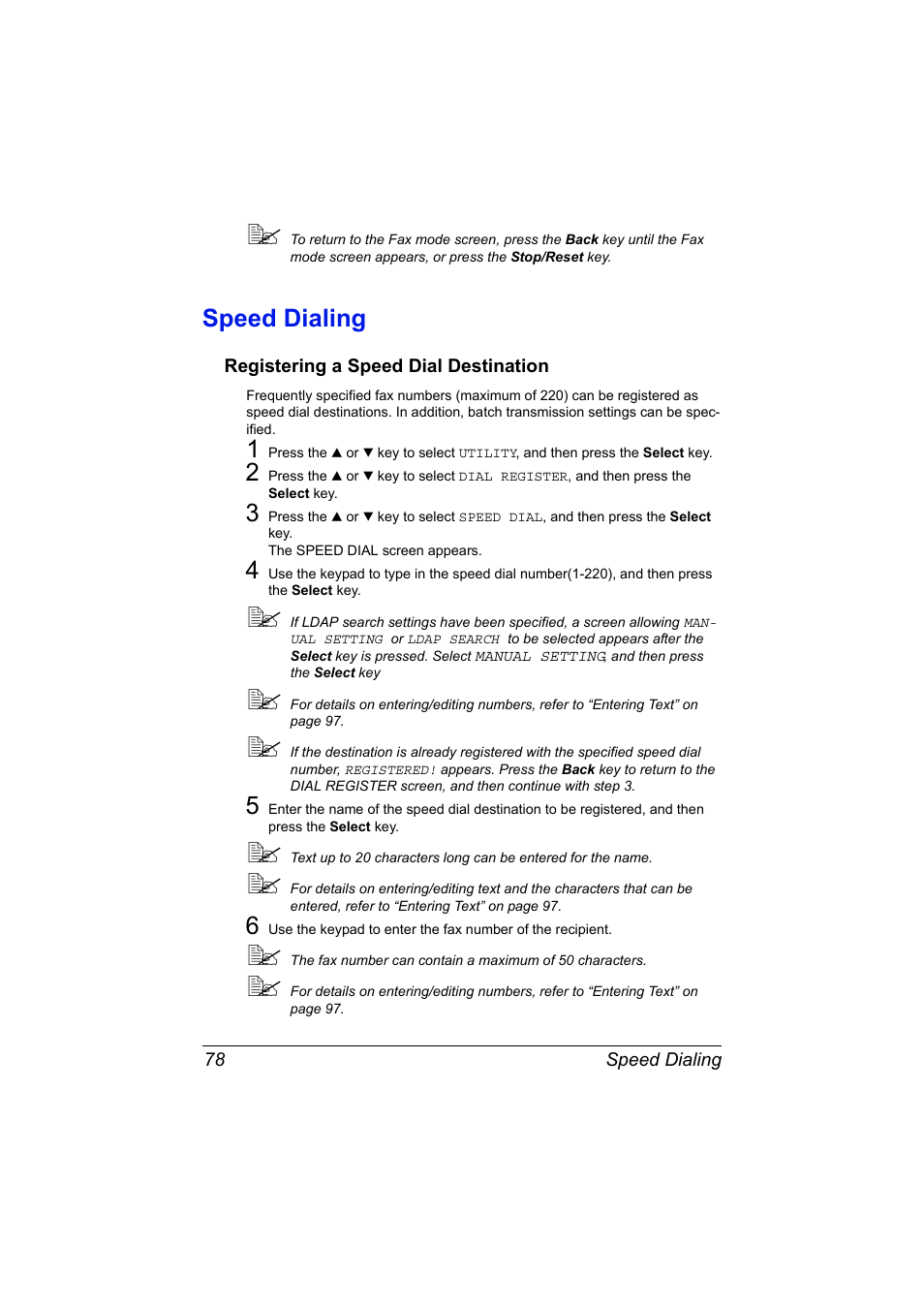 Speed dialing, Registering a speed dial destination, Speed dialing 78 | Registering a speed dial destination 78 | Konica Minolta bizhub C20X User Manual | Page 84 / 110