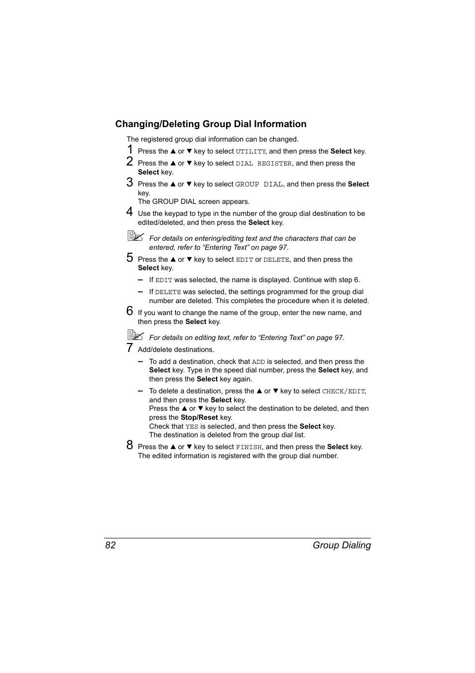 Changing/deleting group dial information, Changing/deleting group dial information 82 | Konica Minolta bizhub C20X User Manual | Page 88 / 110