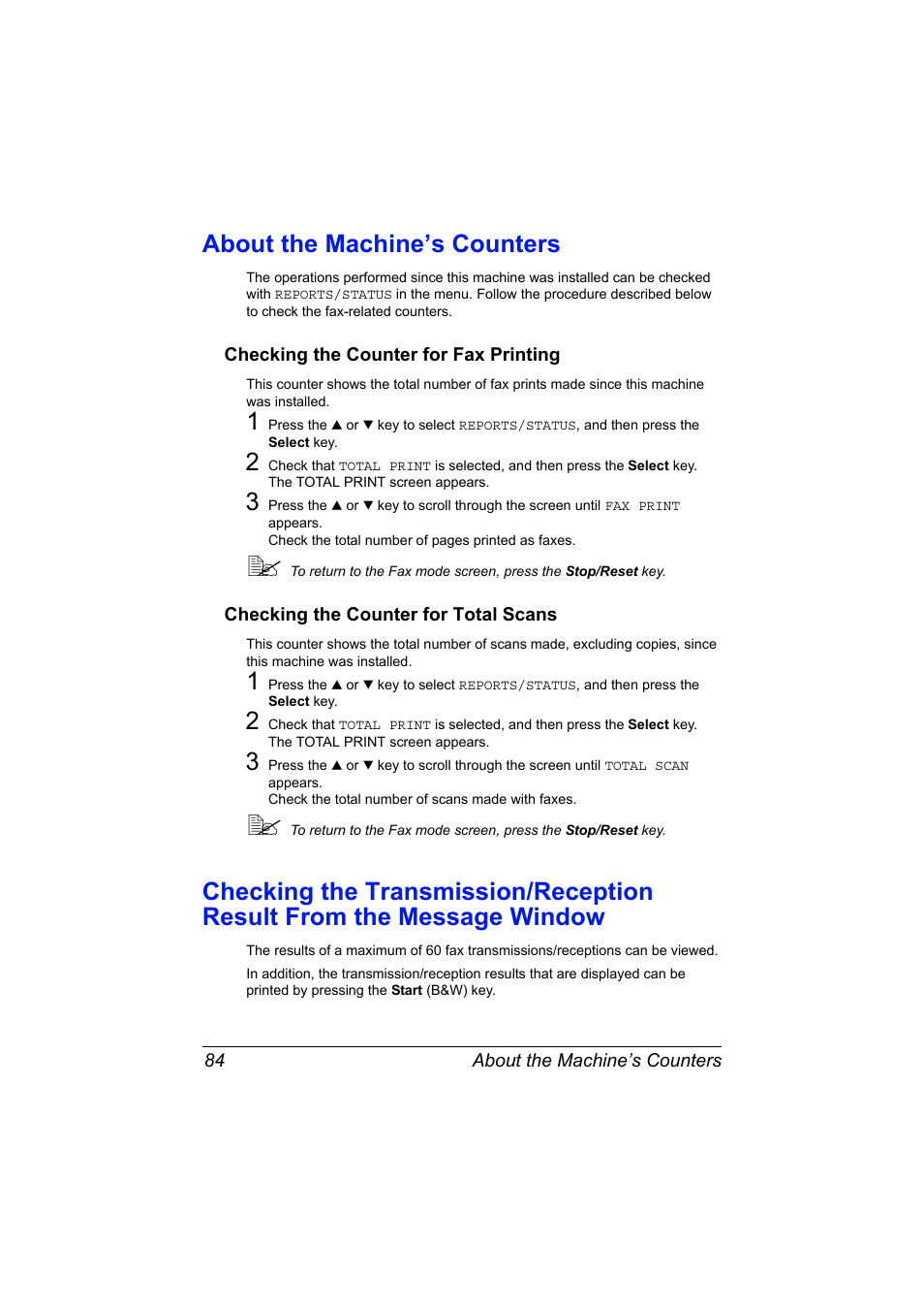 About the machine’s counters, Checking the counter for fax printing, Checking the counter for total scans | About the machine’s counters 84 | Konica Minolta bizhub C20X User Manual | Page 90 / 110