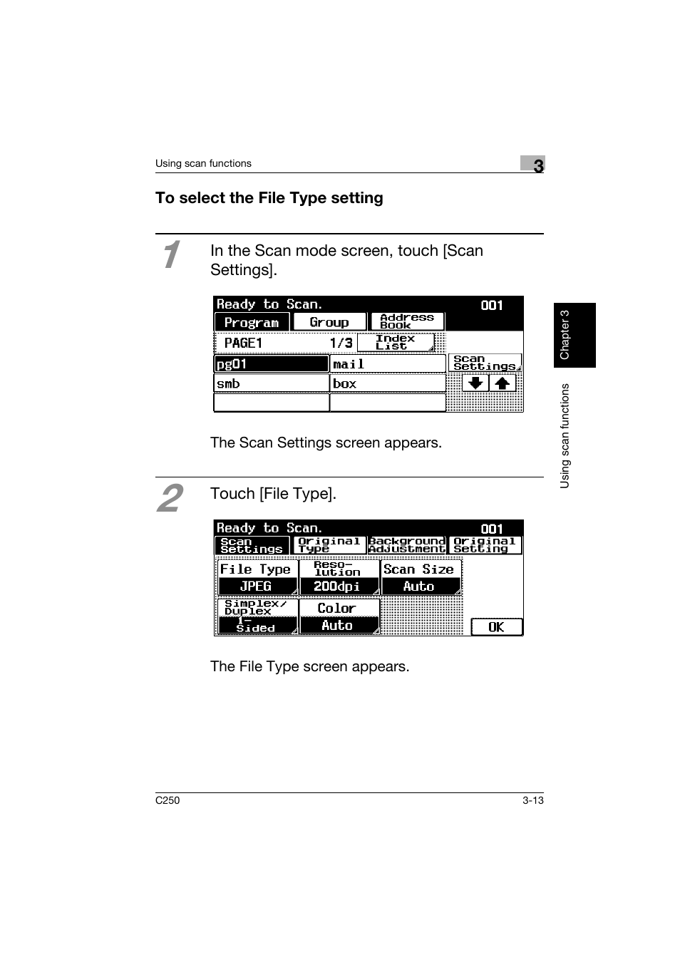 To select the file type setting, To select the file type setting -13 | Konica Minolta bizhub C250 User Manual | Page 100 / 162