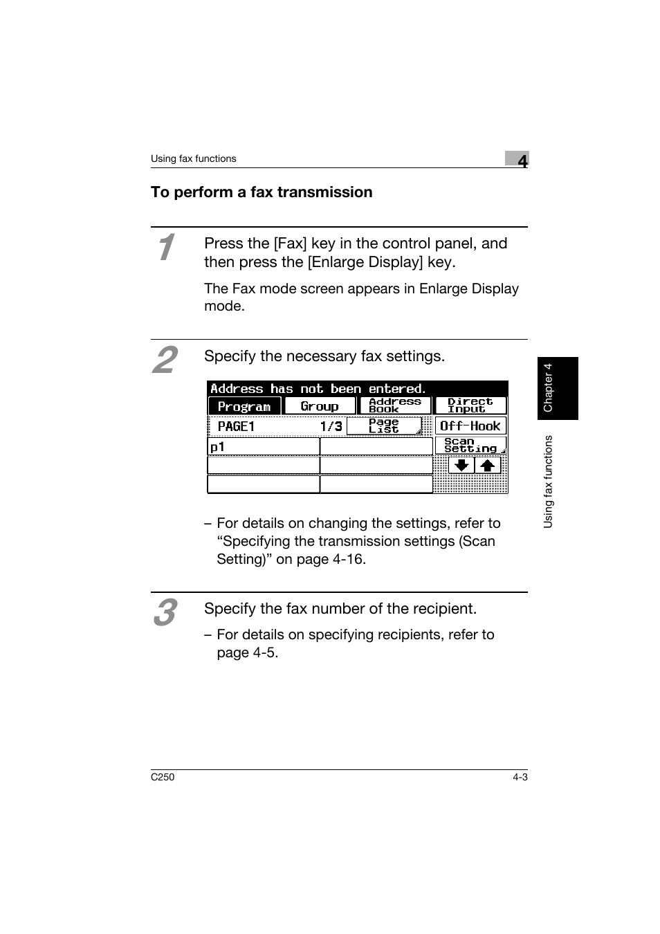 To perform a fax transmission, To perform a fax transmission -3 | Konica Minolta bizhub C250 User Manual | Page 122 / 162