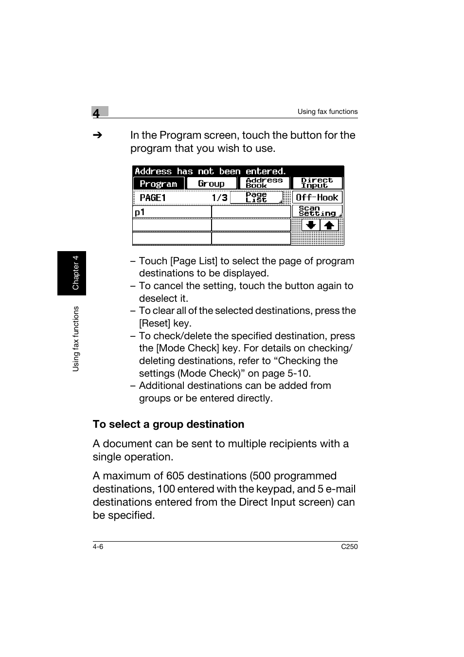 To select a group destination, To select a group destination -6 | Konica Minolta bizhub C250 User Manual | Page 125 / 162