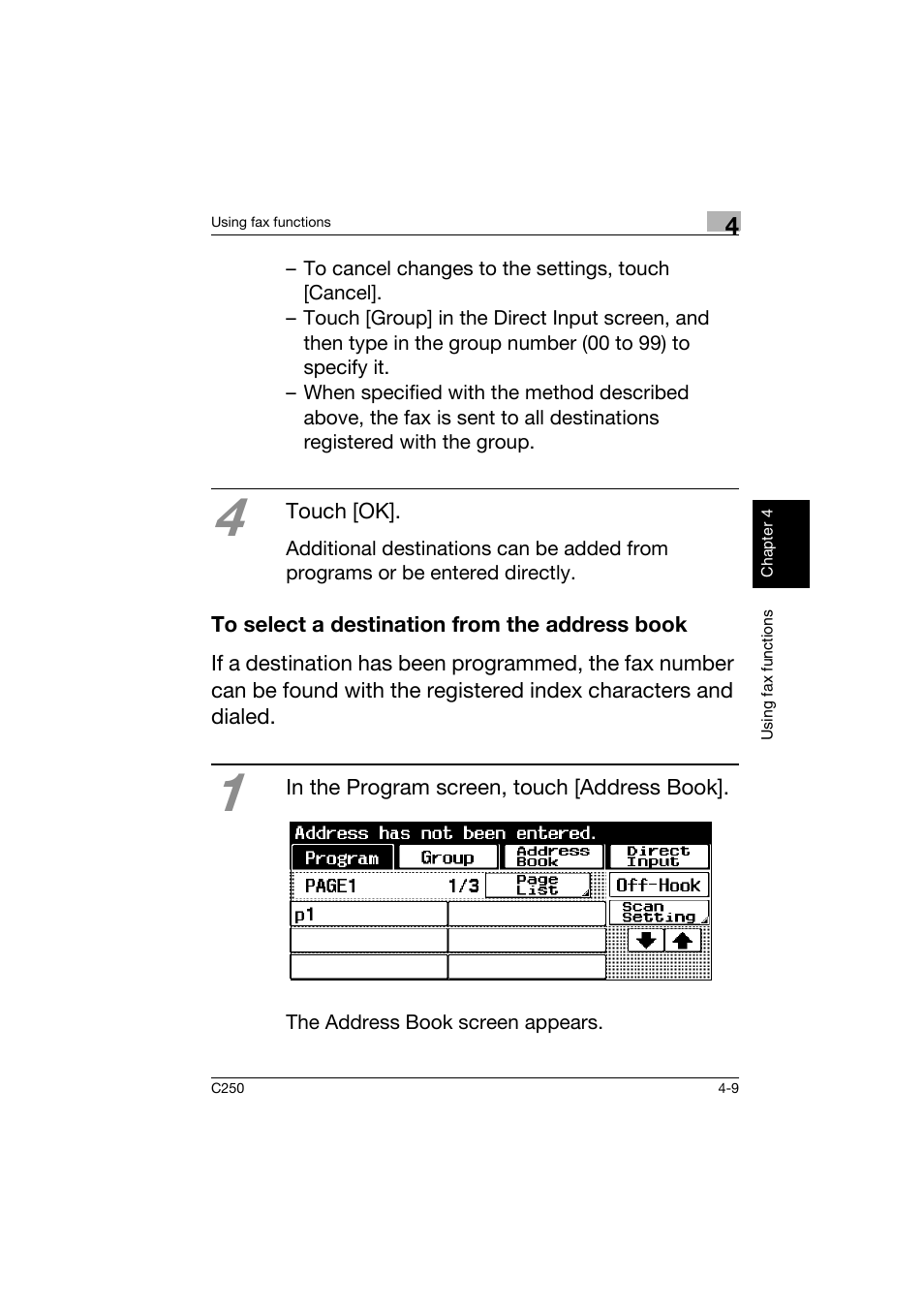 To select a destination from the address book, To select a destination from the address book -9 | Konica Minolta bizhub C250 User Manual | Page 128 / 162