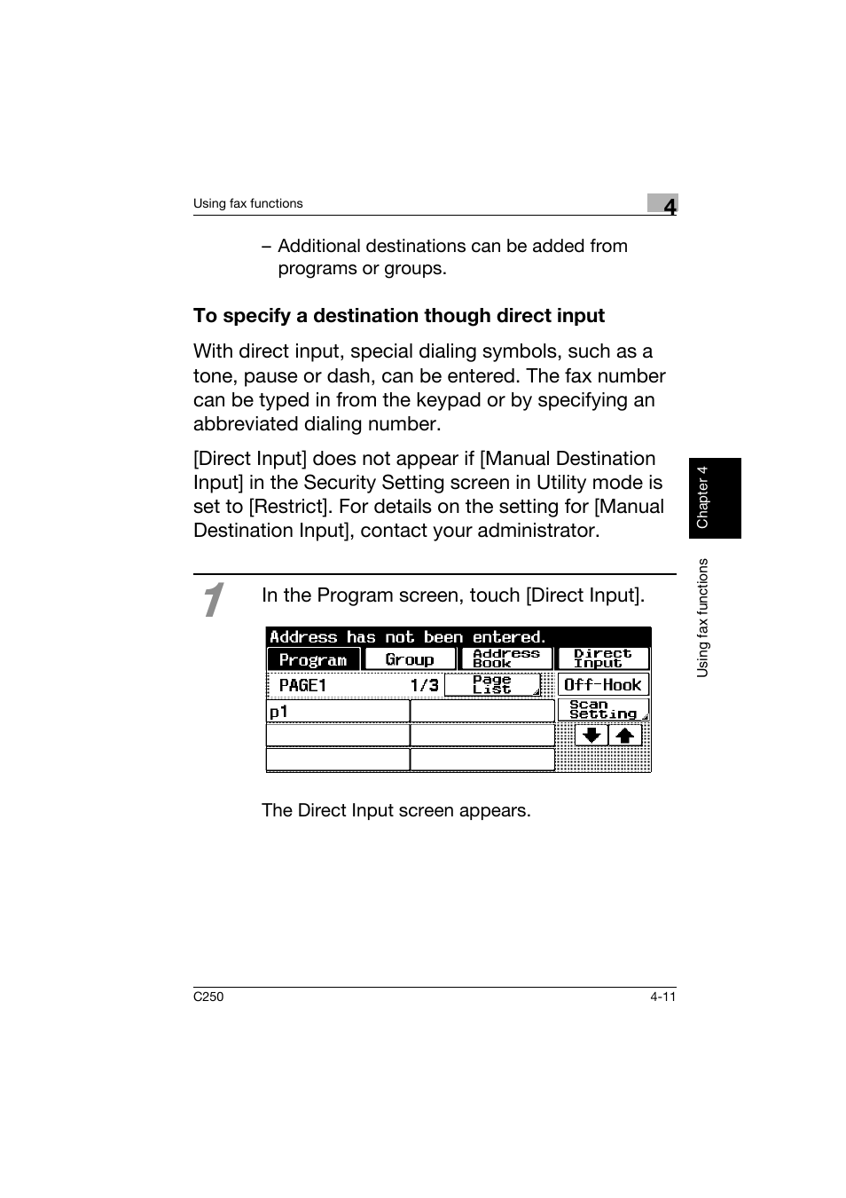 To specify a destination though direct input, To specify a destination though direct input -11 | Konica Minolta bizhub C250 User Manual | Page 130 / 162