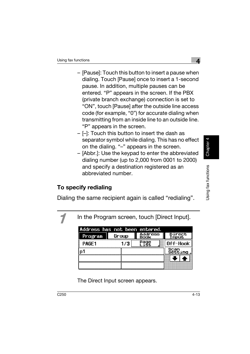 To specify redialing, To specify redialing -13 | Konica Minolta bizhub C250 User Manual | Page 132 / 162