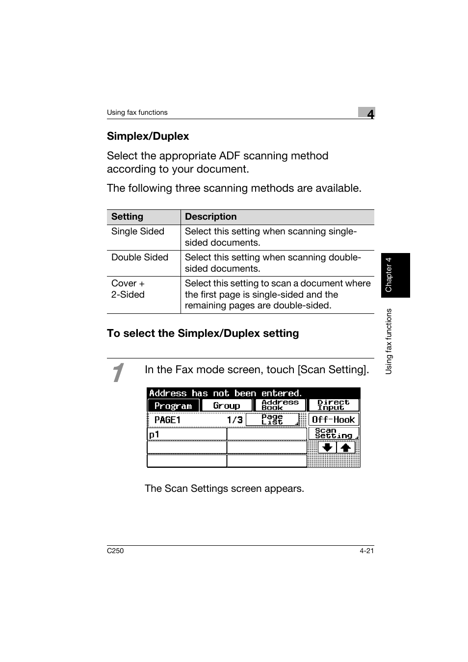 Simplex/duplex, To select the simplex/duplex setting | Konica Minolta bizhub C250 User Manual | Page 140 / 162