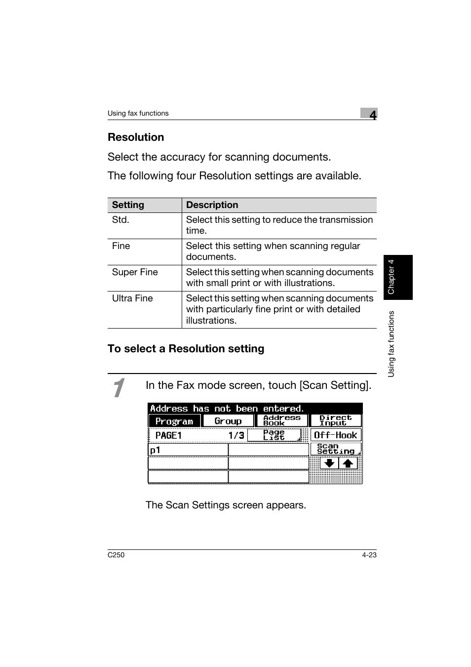 Resolution, To select a resolution setting, Resolution -23 to select a resolution setting -23 | Konica Minolta bizhub C250 User Manual | Page 142 / 162