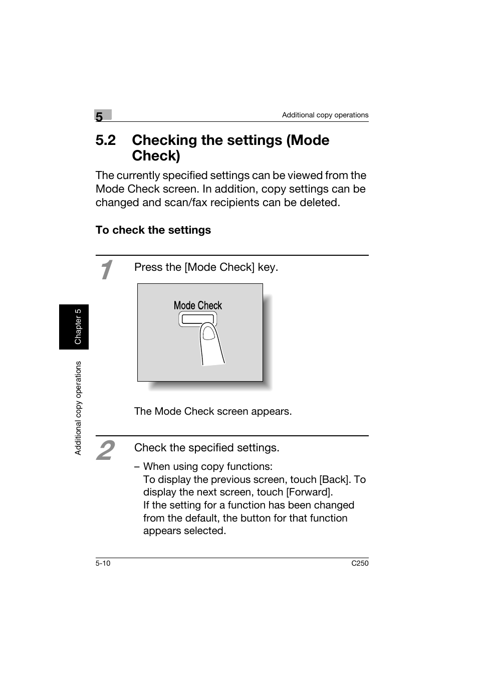 2 checking the settings (mode check), To check the settings, 2 checking the settings | Mode check) -10, To check the settings -10 | Konica Minolta bizhub C250 User Manual | Page 155 / 162