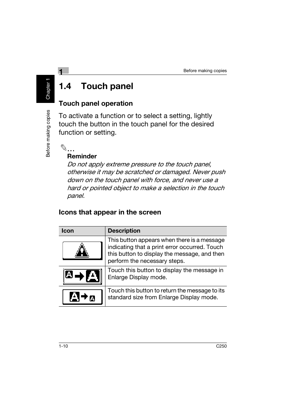 4 touch panel, Touch panel operation, Icons that appear in the screen | 4 touch panel -10 | Konica Minolta bizhub C250 User Manual | Page 19 / 162