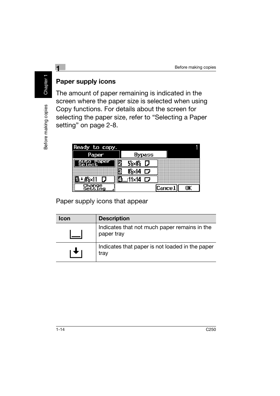 Paper supply icons, Paper supply icons -14 | Konica Minolta bizhub C250 User Manual | Page 23 / 162