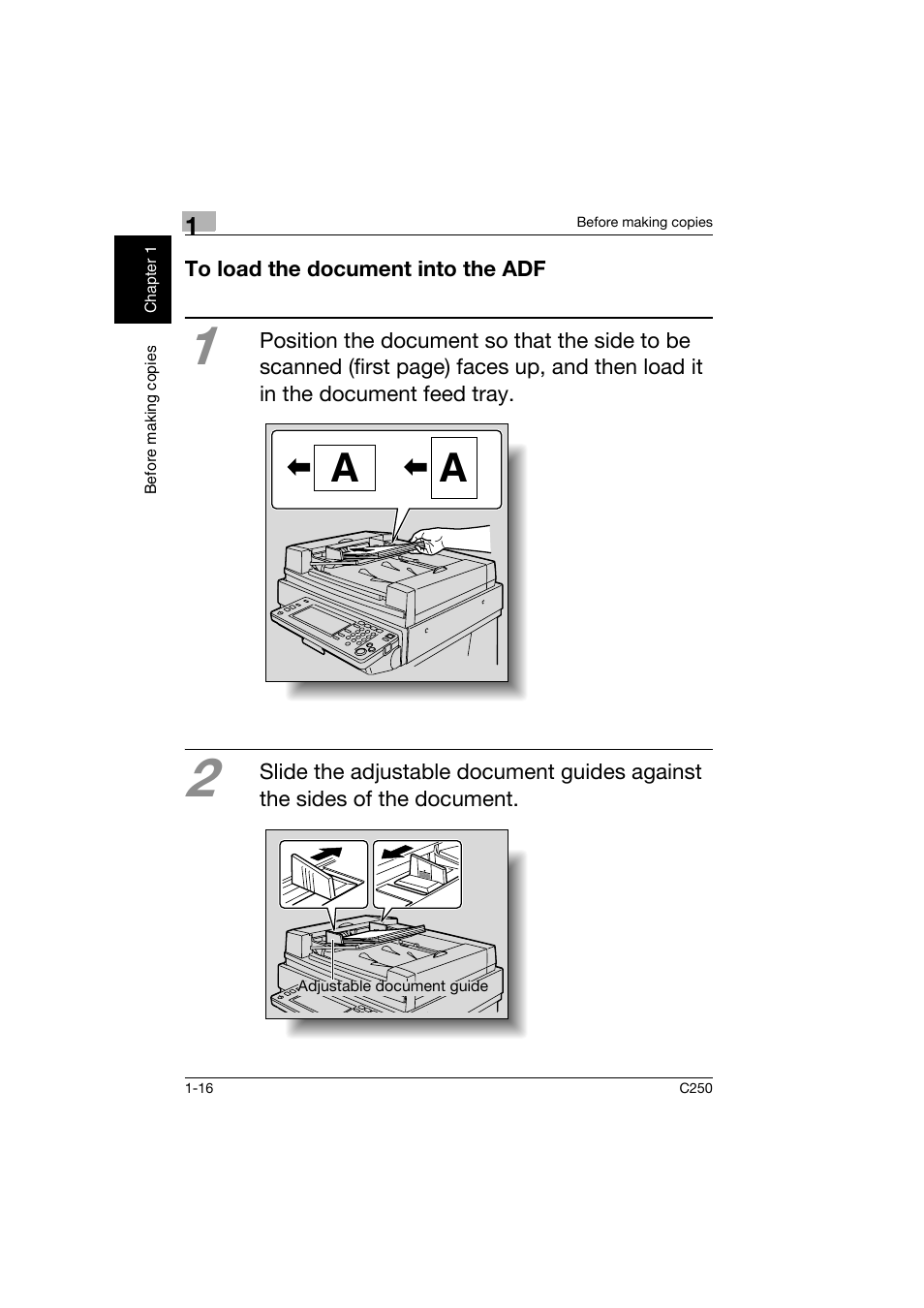 To load the document into the adf, To load the document into the adf -16 | Konica Minolta bizhub C250 User Manual | Page 25 / 162