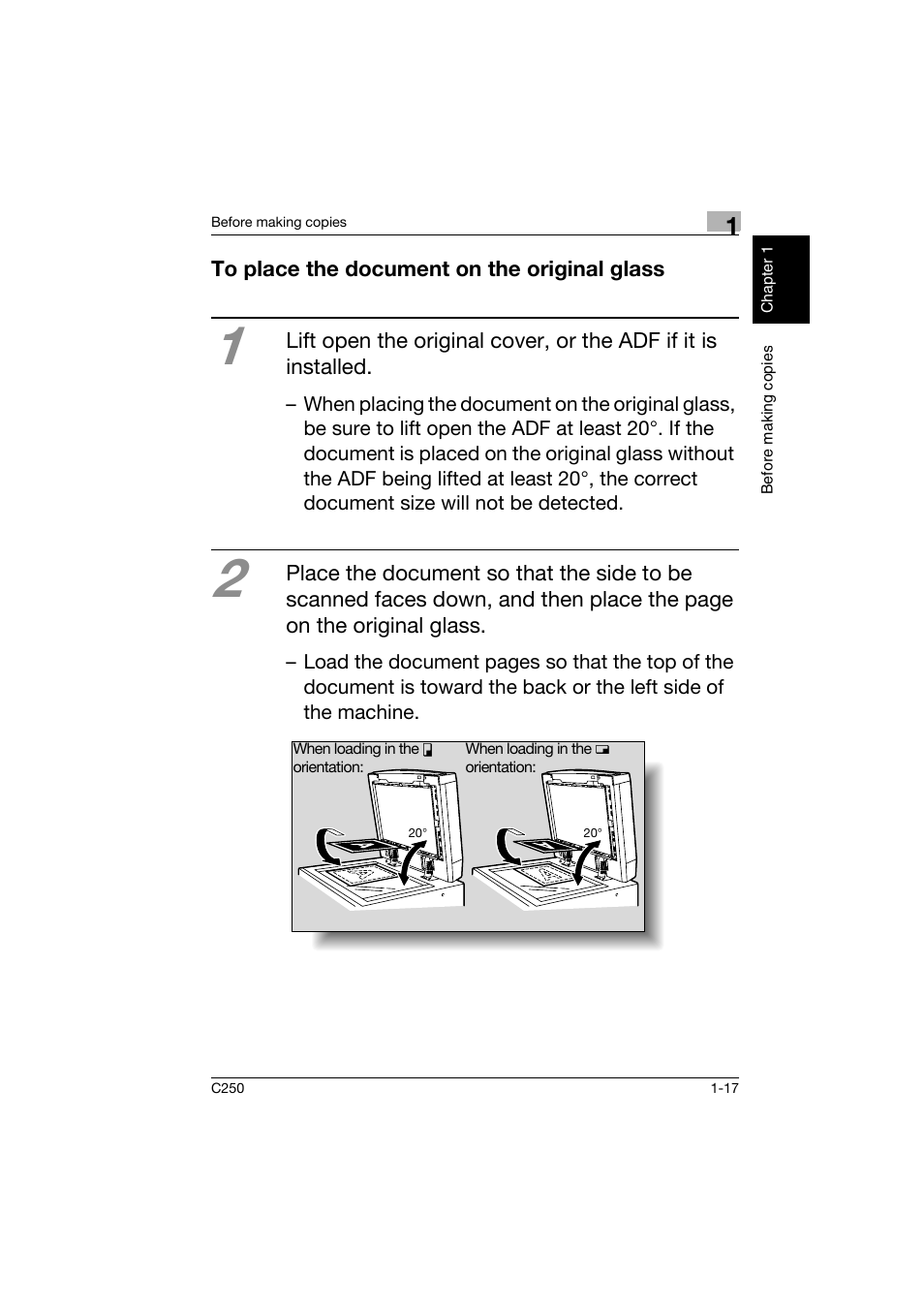 To place the document on the original glass, To place the document on the original glass -17 | Konica Minolta bizhub C250 User Manual | Page 26 / 162