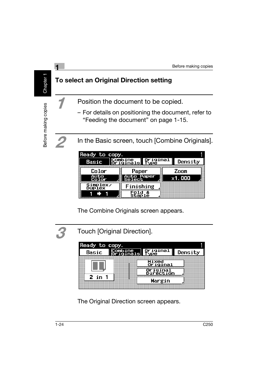 To select an original direction setting, To select an original direction setting -24 | Konica Minolta bizhub C250 User Manual | Page 33 / 162