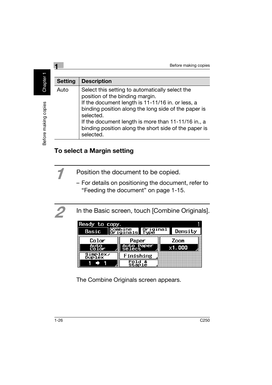 To select a margin setting, To select a margin setting -26 | Konica Minolta bizhub C250 User Manual | Page 35 / 162